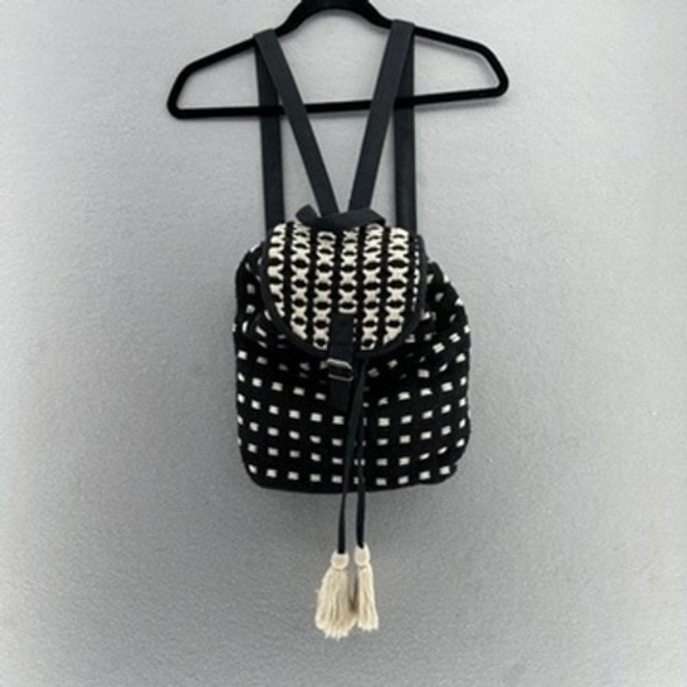 World Market Boho Woven‎ Backpack Purse Black Drawstring Buckle Flap Tassels